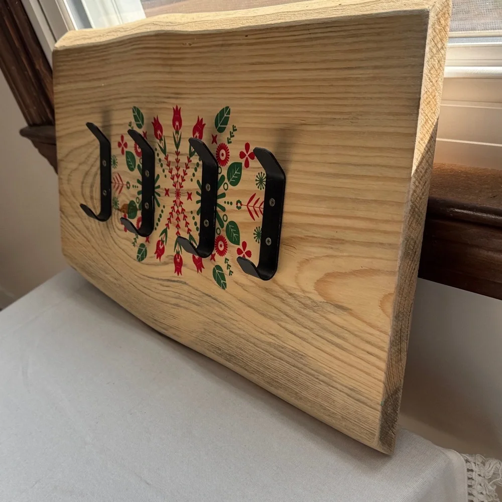 Wooden Wall Hook Rack with Red and Green Floral Design